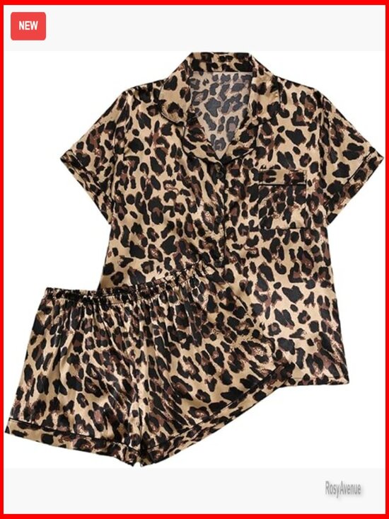 Other - 2 Piece Satin Pajama Set Leopard Short Sleeve Button Down Pj Shorts Set